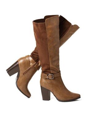 Women's Heeled Brown Knee High Boots Zip Up Chunky Heel Tall Boots for Womens
